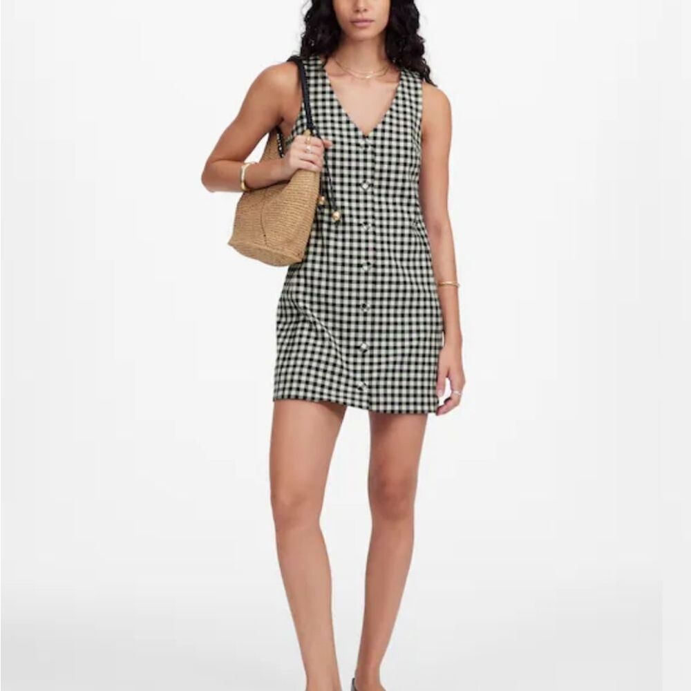 NWT Madewell V-Neck Mini Vest Dress in Gingham black White Size 4